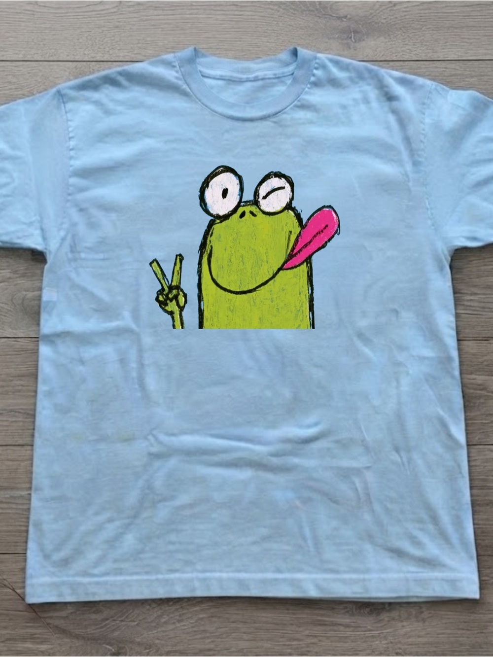 Light Blue Tee with Playful Frog Peace Graphic Gildan T-shirt